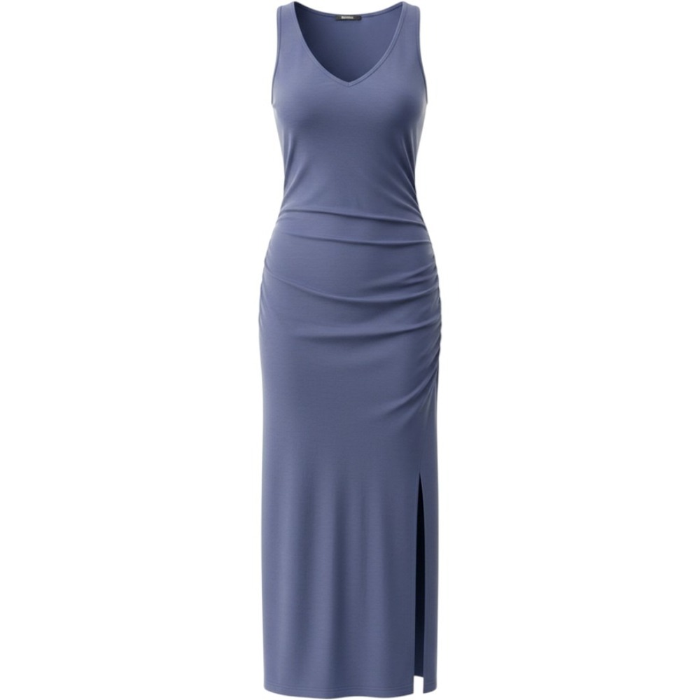 Beyond Yoga Womens Ruched V-Neck Sleeveless Midi Dress Periwinkle Blue Size L